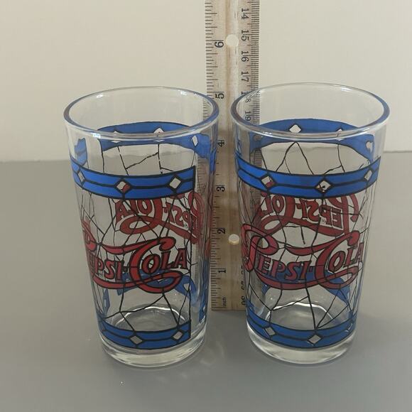 Pepsi-Cola Glasses Tiffany Style Stained Glass Drinking Tumbler 8 Oz Set 2 VTG - Picture 6 of 6